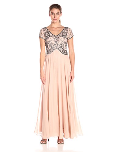 J Kara Women's Cap V-Neck Beaded Dress, Blush/Mercury 16 J Kara Women\u0027s Petite Cap Sleeve V-neck Beaded Top Gown Special Occasion  Dress, Grey⁄Mercury⁄Gun, 18 : : Fashion