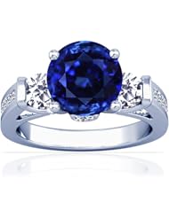 18K White Gold Round Cut Blue Sapphire Ring With Sidestones
