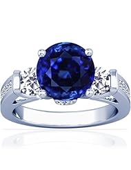 14K White Gold Round Cut Blue Sapphire Ring With Sidestones