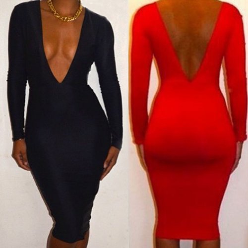 New Sexy Womens Deep V Neck Long Sleeve Party Evening Club Bodycon Bandage Dress