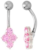 Belly Button Ring with Clustered Pink Cubic Zirconia on Sterling Silver Setting Stones