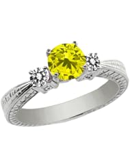 1.00 Ct Round Canary and White Diamond 14K White Gold 3-Stone Ring