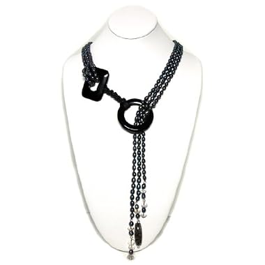 HinsonGayle Glamour Collection "VENUS" Triple Strand Peacock Black Cultured Pearl Lariat Necklace