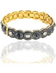 14kt Yellow Gold Rose Cut Diamond Blue Sapphire Bangle Bracelet Silver Victorian Style Jewelry