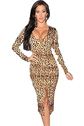 Sexy V-neck Leopard Print Long Sleeves Slit Polyester Midi Dress 