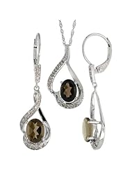 14k White Gold Dangle Earrings (19mm tall) & 18 in. Pendant-Necklace Set, w/ 0.20 Carat Brilliant Cut Diamonds & 3.64 Carats Oval Cut (7x5mm) Smoky Topaz Stones