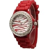 Burgundy / Red Zebra Silicone Watch w/ CZ Crystal Rhinestones Ceramic Look