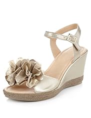 Leather Floral Corsage Wedge Sandals