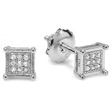 0.10 Carat (ctw) Platinum Plated Sterling Silver Round Diamond 5mm Square Shape Mens Hip Hop Iced Stud Earrings