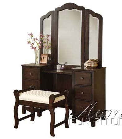 3pc Vanity Table, Mirror & Stool Set in Walnut Finish