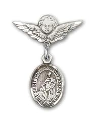 Sterling Silver Baby Badge with St. Thomas of Villanova Charm and Angel with Wings Badge Pin