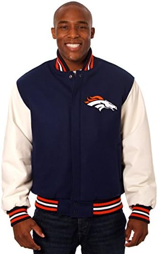 Denver Broncos Men's Wool &amp; Leather Varsity Jacket with Embroidered Applique Team Logos (Large)