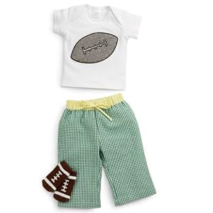 Mud Pie Baby All Boy Cotton Tee-Shirt, Green Gingham Pants, and Decorated Socks Set, Football, 0 - 6 Months