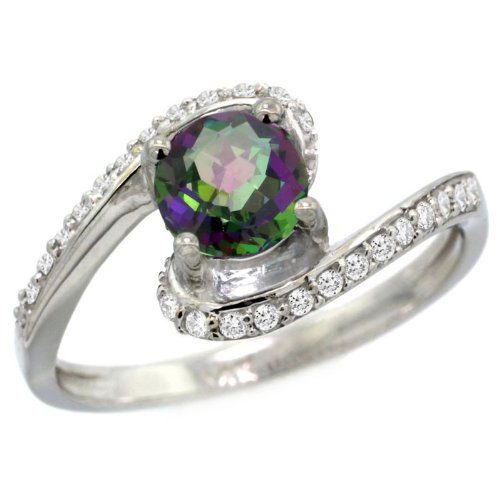 14k White Gold Swirl Engagement Mystic Topaz Ring w/ 0.24 Carat Brilliant Cut Diamonds & 0.80 Carat ( 6 mm ) Gem Stone, 7/16 in. (11mm) wide, size 6