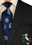 Berioni Hand Made in Italy 100% Woven Silk Mens Neck Tie + Pocket Square Jacquard Woven Tie and Hanky Set Navy Blue G4