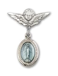 Sterling Silver Baby Badge with Blue Miraculous Charm and Angel with Wings Badge Pin