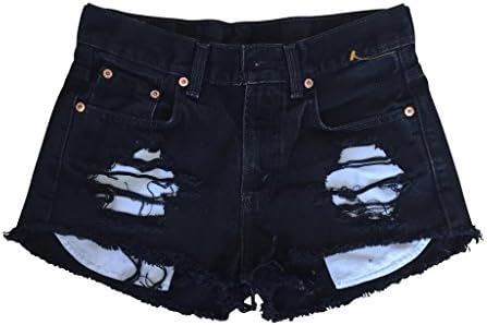 High Waisted Levis Black Denim Shredded Destroyed Ripped Cut-Off Shorts Women-L