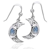 Celtic Knot and Crescent Moon Spirit with Genuine Rainbow Moonstone Sterling Silver Hook Earrings