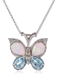 XPY Sterling Silver Blue Topaz and Created Opal Butterfly Pendant Necklace, 18"
