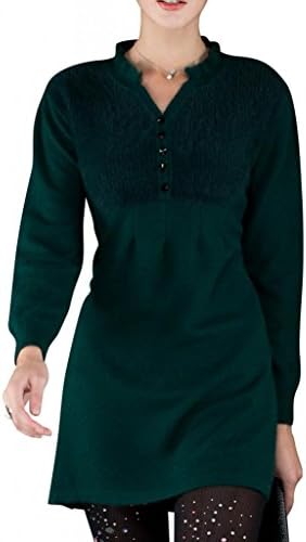 FOUQ Women's Knitwear 100% Mink Cashmere Button Neck Long Sweater Dark Green M