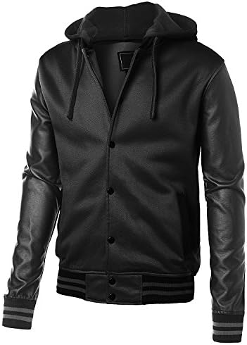 Mens Slim fit Baseball Fleece Jacket with High Quality PU Leather Sleeves with Hood