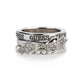 GUESS Bow Pearl Three Ring Set - Size 7, SILVER (7)