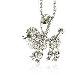 White Gold Plated Silver Crystal Poodle Puppy Necklace Jewelry