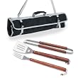 BBQ Tote w/ 3 Pc BBQ Tool Set w/ Wooden Handles (Black/Silver)