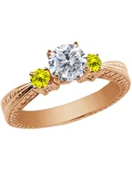 1.24 Ct Round H/I and Canary Diamond 925 Rose Gold Plated Silver 3-Stone Ring