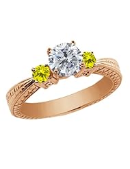1.24 Ct Round H/I and Canary Diamond 14K Rose Gold 3-Stone Ring