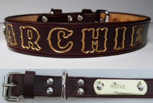 Personalized Brown Leather Dog Collar with Name Tag (24 inch neck size)