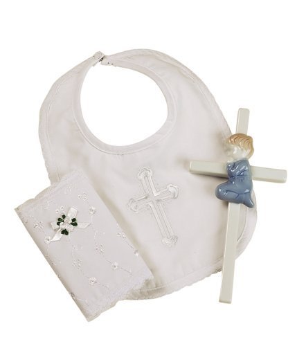 Elegant Baby Boy's Christening Gift Set Includes 100% Cotton Bib, Wall Hanging Porcelain Cross & Bible. Gift Boxed