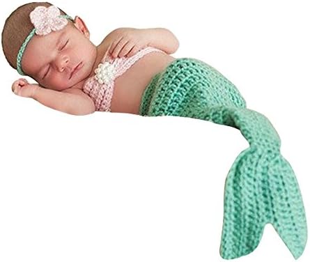 Liange Baby Photography Prop Crochet Knit Mermaid Headband Bra Tail Green Costume