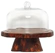 Glass Large Pastry Dome with Log Wood with Bark and Grooved Base 11.5"D x 11 3/4"H