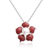Sterling Silver Freshwater Cultured Pearl & Red Enamel Flower Pendant by Cheline, 18