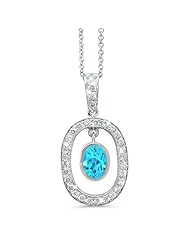 Twin Oval Shaped Vintage Diamond Pendant In 18K White Gold With A 1.10 ct. Genuine Blue Topaz Center Stone.