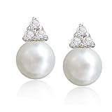 Sterling Silver Round Freshwater Cultured Pearl & Cubic Zirconia Earrings by Cheline