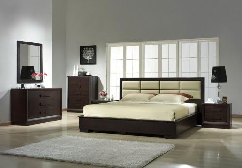 J&M Furniture Boston Brown Veneer with Off-White Leather Headboard Queen Size Bedroom Set