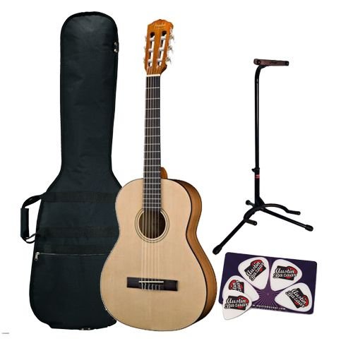 Fender ESC-105 Full-Size Classical Guitar Bundle with Gig Bag, Guitar Stand, and Pick Card - Natural, Rosewood Fretboard