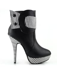 Shoes: Show Story Black Striped Button Zipper High Heel Stiletto Platform Ankle Boots,FZ30303BK35,4US,Black