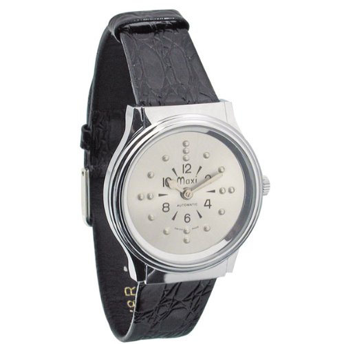 Mens Chrome Automatic Braille Watch with Leather Band
