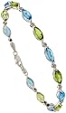 10k White Gold Multi Color Stone 7" Ladies' Bracelet, w/ Brilliant Cut Diamonds & 8x4mm Marquise Cut Peridot, & Blue Topaz Stones, 1/8" (4mm) wide