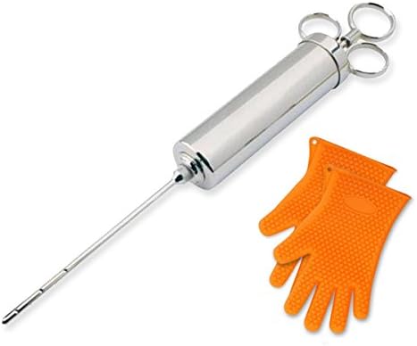 Meat Injector 2 oz Large Barrel Solid 304 Stainless Steel Marinaters For Seasoning Flavor Marinades For Meat, BONUS BBQ Silicone Gloves, Protects Hands For Indoor Outdoor Cooking Cookware From Ovens