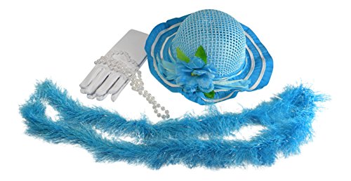 Girls Tea Party Dress Up Play Set with Blue Sun Hat Boa Faux Pearl Necklace and Gloves Kaylee