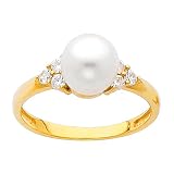 14K Yellow Gold 8mm Diameter Pearl Center with CZ Wedding Engagement Ring Band