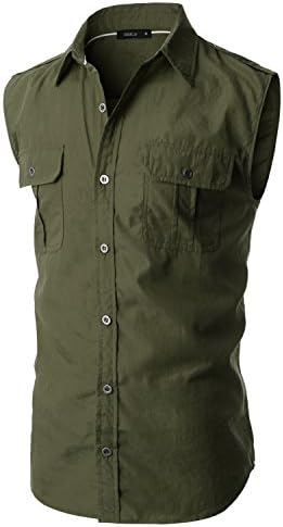 Doublju Men Fashionable Slim Fit Solid Color Button Down Shirts OLIVE,S