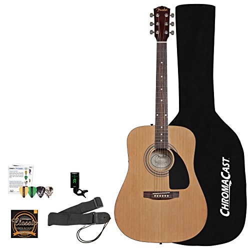Squier by Fender Acoustic Guitar Bundle with Strings, Strap, Tuner, ChromaCast Guitar bag Pitch Pipe, Lesson & Picks Sampler