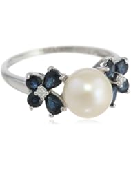10k White Gold Sapphire, Freshwater Cultured Pearl and Diamond Ring (0.03 cttw GH, Color, I2-I3 Clarity)