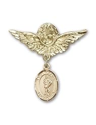 14K Gold Baby Badge with St. Florian Charm and Angel with Wings Badge Pin
