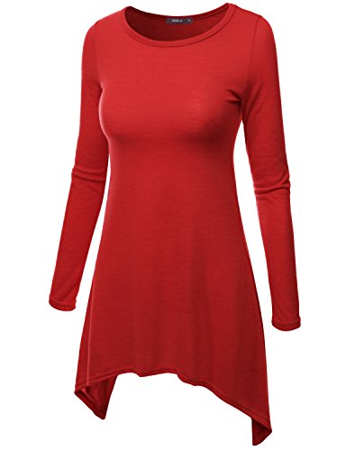 Doublju Womens Long Sleeve Crewneck Cotton Knit Asymmetrical Tunic Top